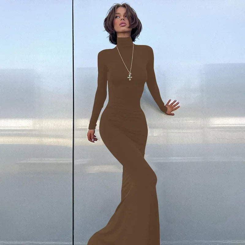 Turtleneck Long Sleeve Bodycon Maxi Dress 9