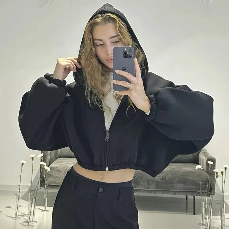 Fall Zipper Cropped Jacket Solid Color Loose Surcoat Hoody