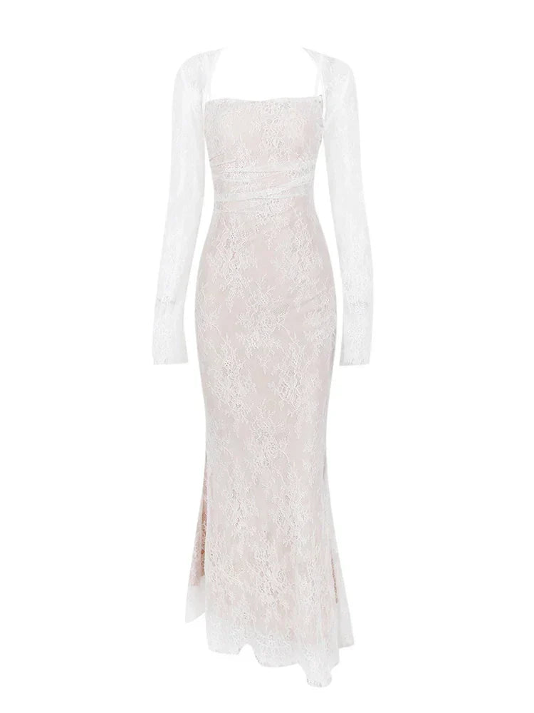 Lace Floral Long Sleeve Midi Dress - View 5