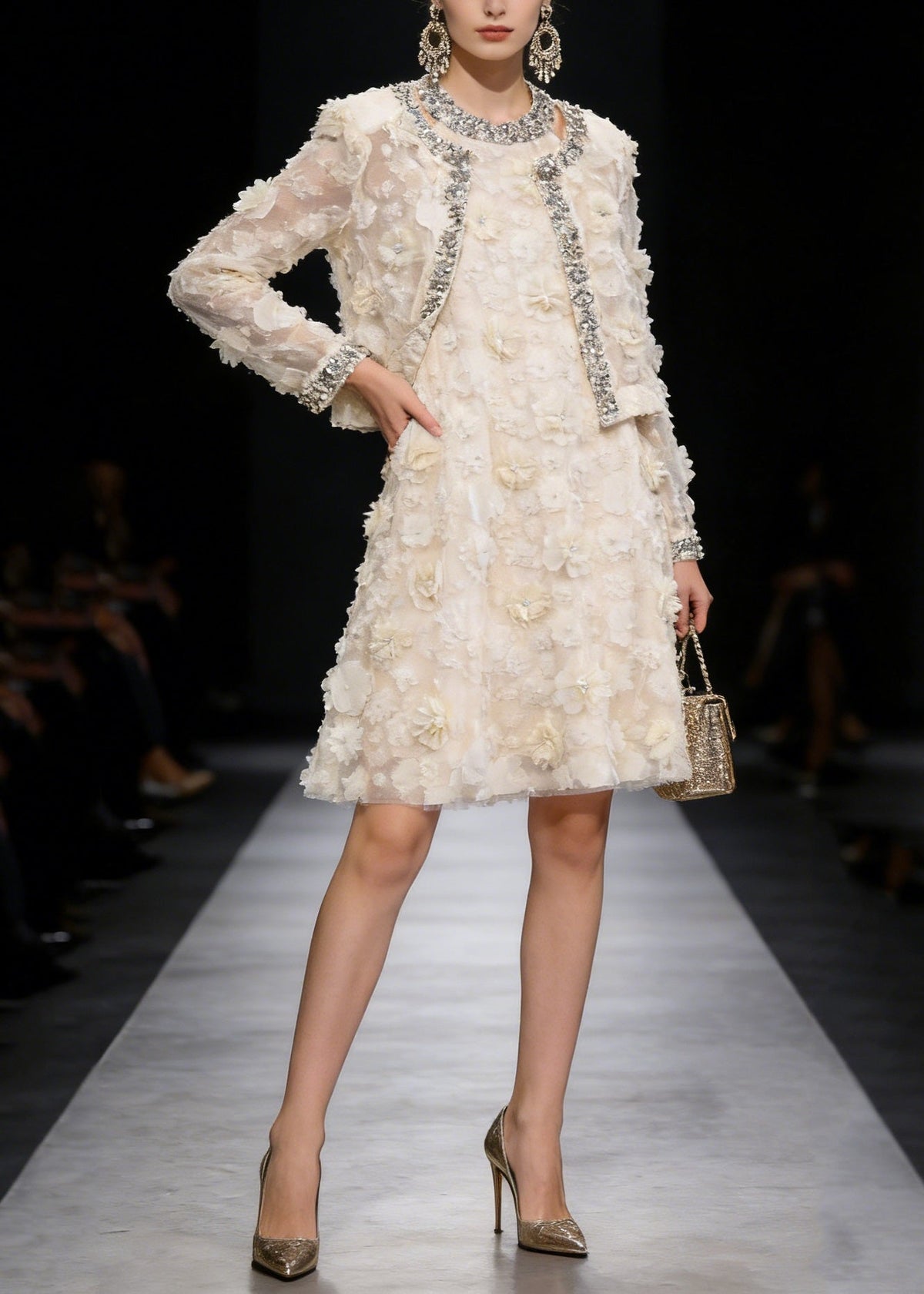 Crystal Trim Organza Cropped Jacket Applique Mini Dress Two Piece Set