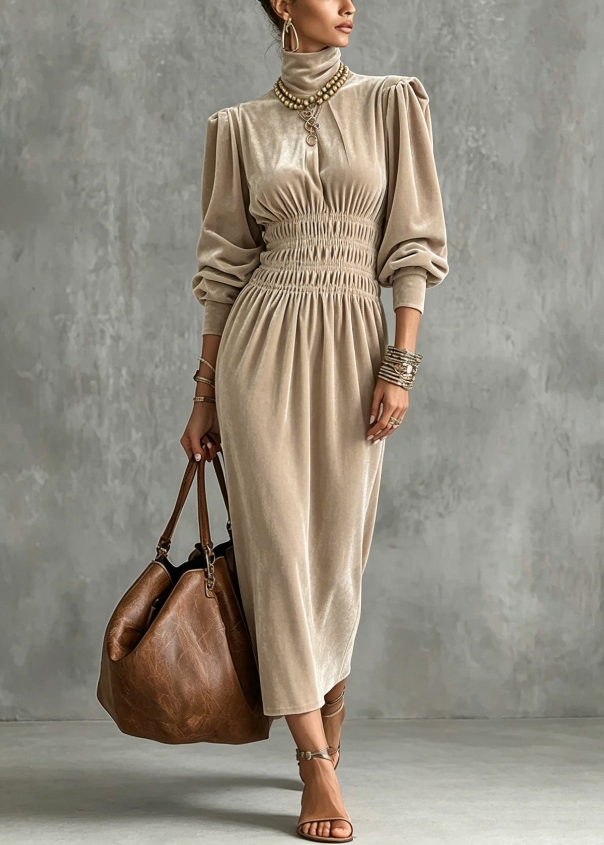 Velvet Mock Neck Lantern Sleeve Smocked Waist Midi Dress
