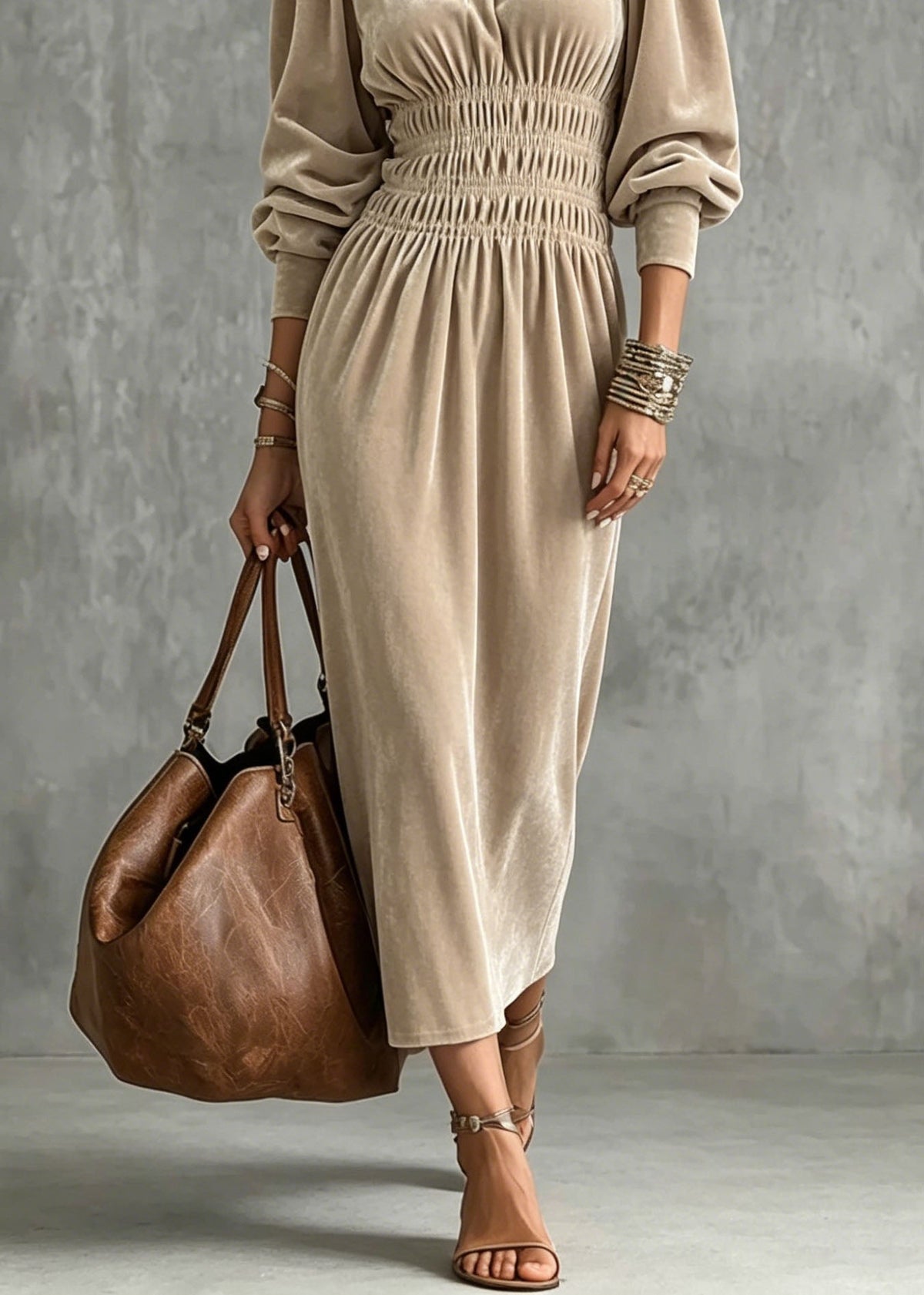 Velvet Mock Neck Lantern Sleeve Smocked Waist Midi Dress - View 4