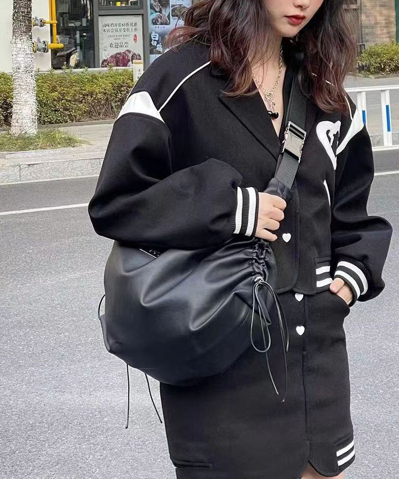 Fashion Black Faux Leather Drawstring Messenger Bag