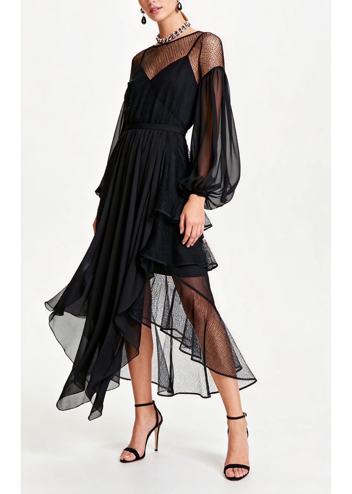 Mesh Illusion High Neck Bishop Sleeve Tiered Party Midi Dress