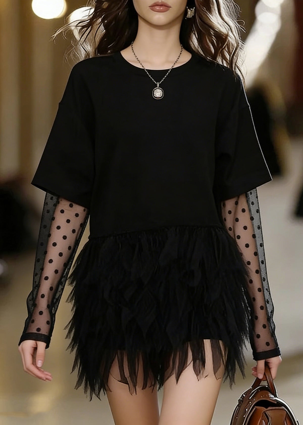 Fashion Black Oversized Patchwork Tulle Mini Dress Summer - View 3