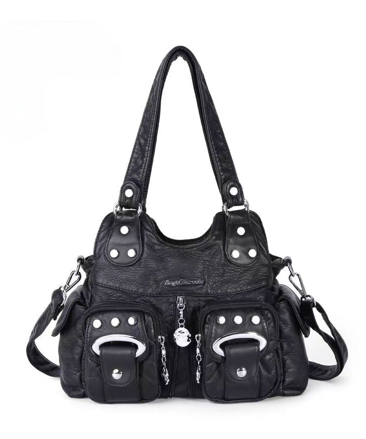 Fashion Black Rivet Faux Leather Satchel Handbag