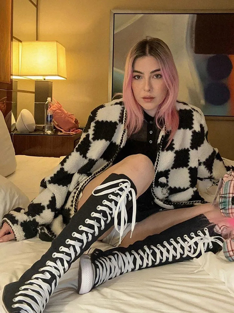 Black White Plaid Cotton Coat