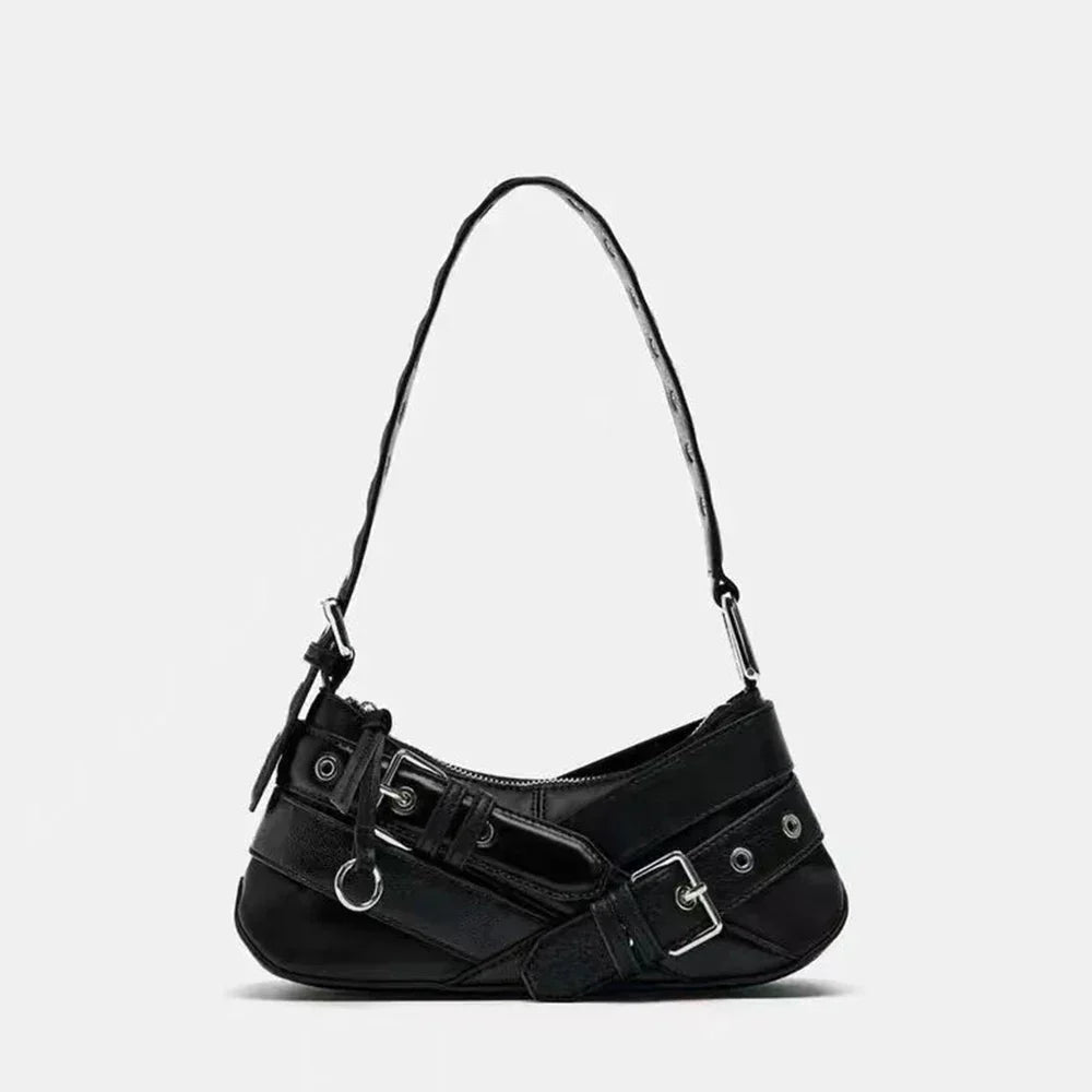 Goth Y2K Black Punk Rivet Chain School Pu Leather Skeleton Fashion Women Backpack Bag / 11X27X8Cm