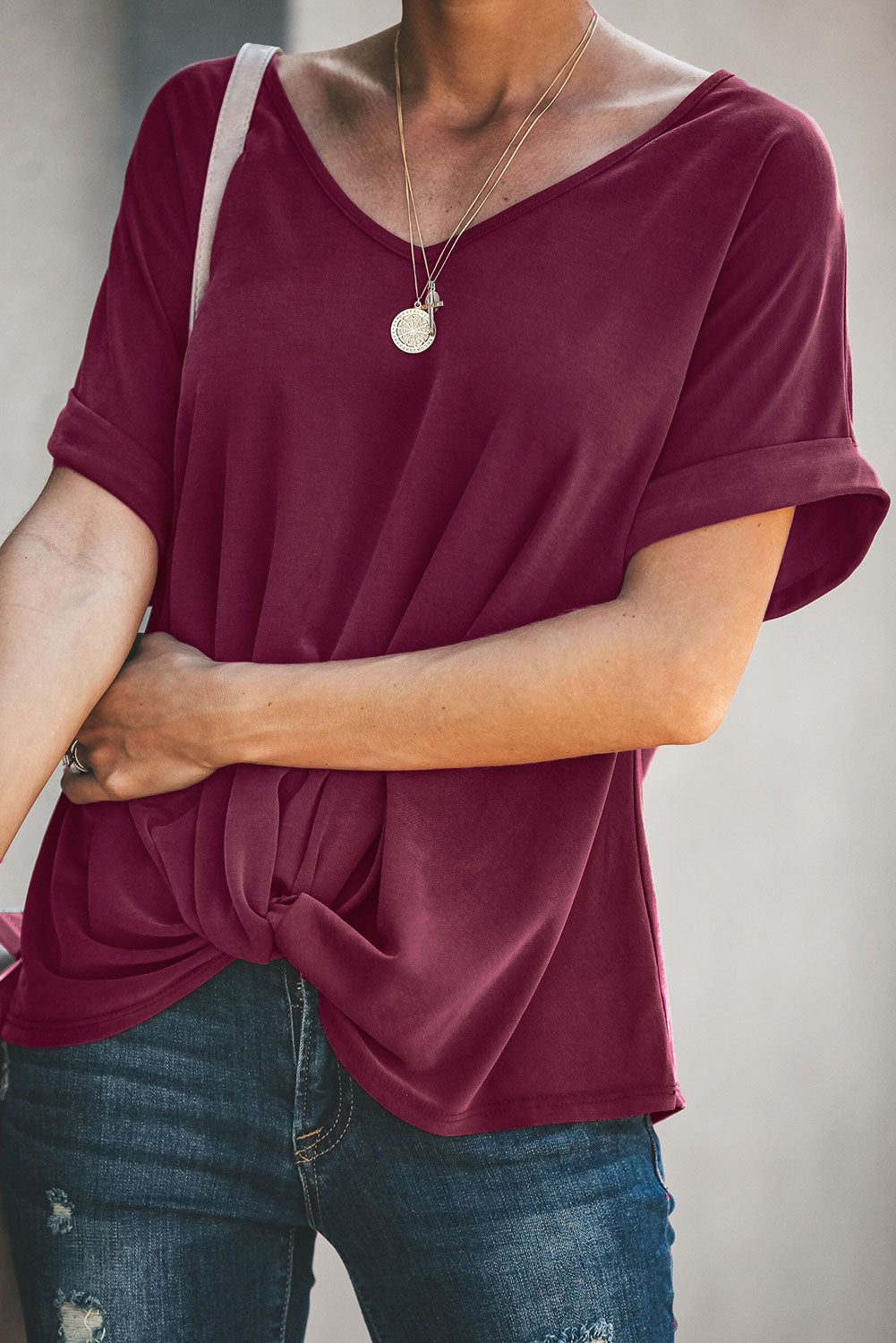 Fashion Blue/Gray/Burgundy Plain Crew Neck Short Sleeve Twist Tee T Shirt - Fashionpara