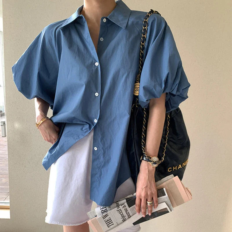 Blue Puff Sleeve Casual Loose Summer Shirt