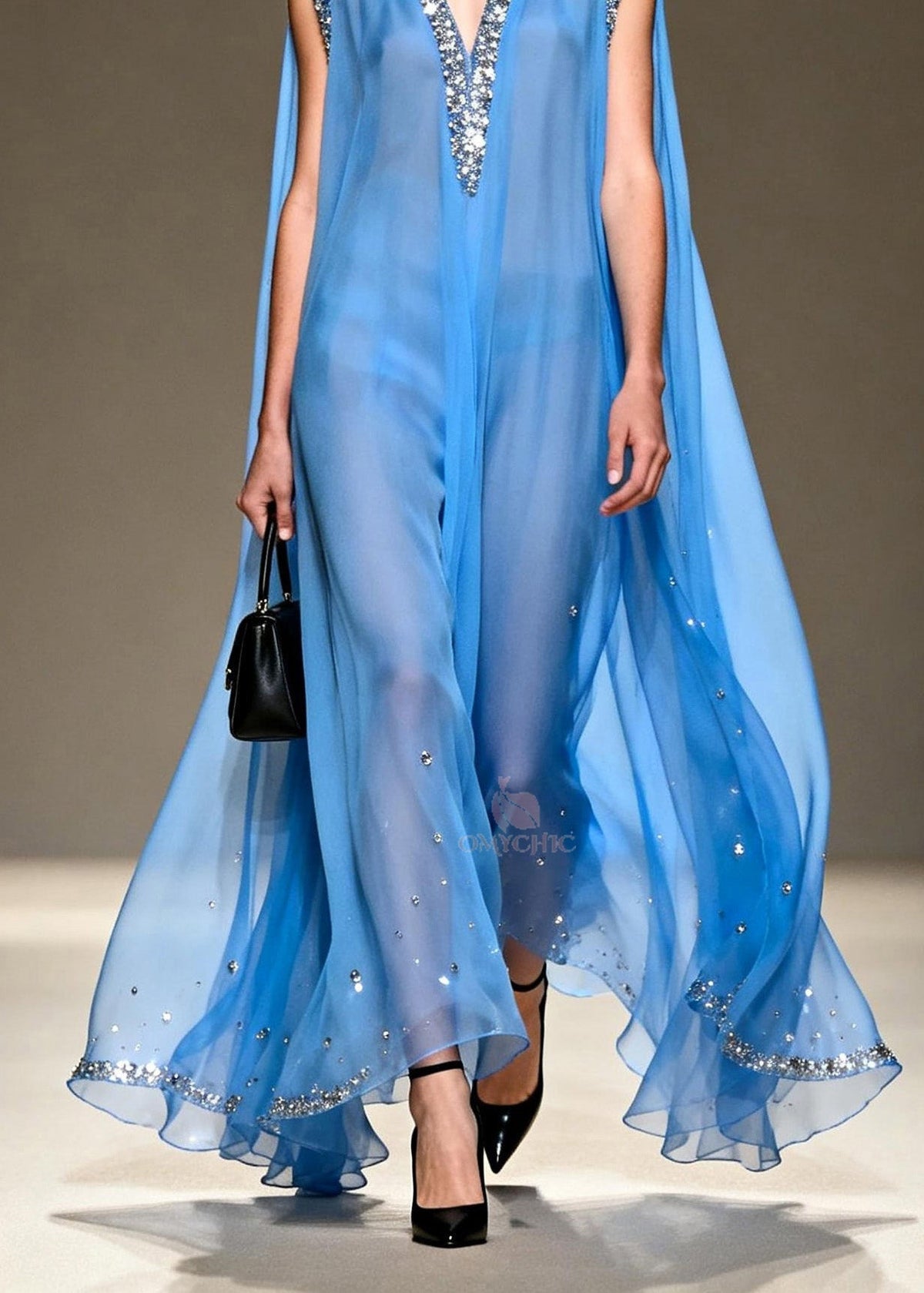 Sequin Trim Deep V-Neck Sleeveless Cape Back Sheer Maxi Gown - View 4