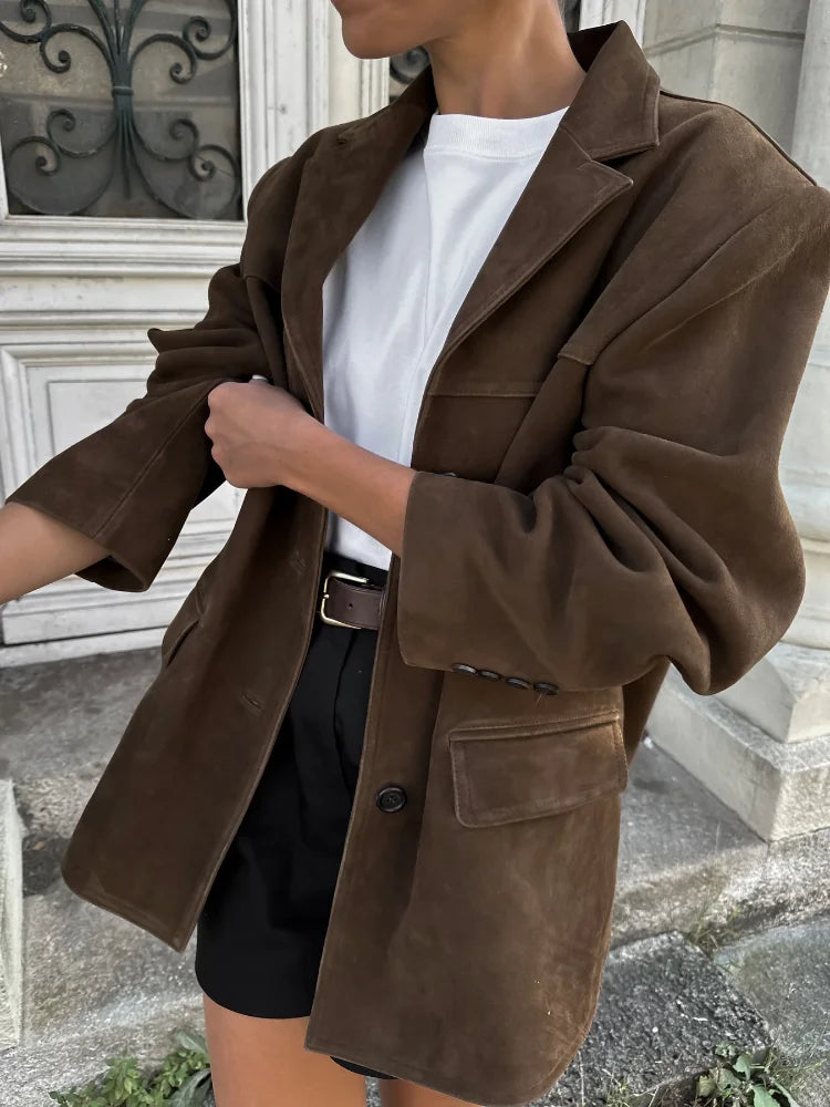 Brown Double Pocket Blazer Short Coat