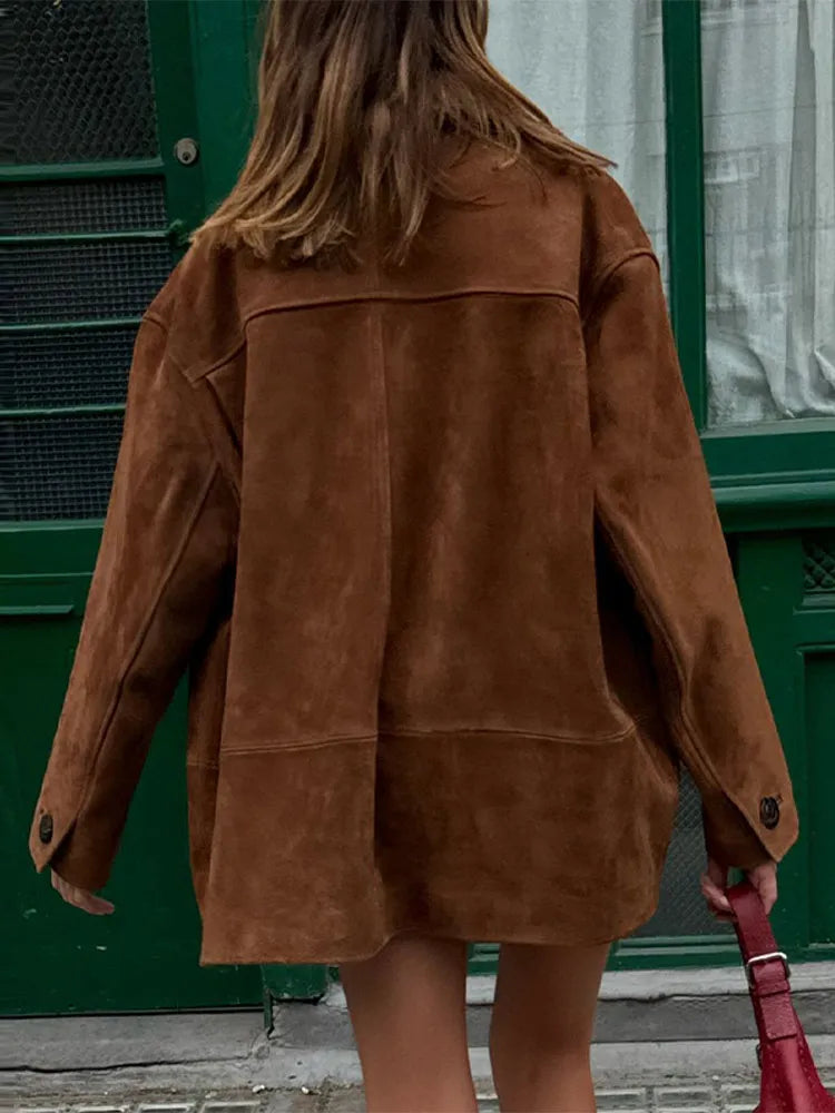 Brown Stand Collar Suede Coat