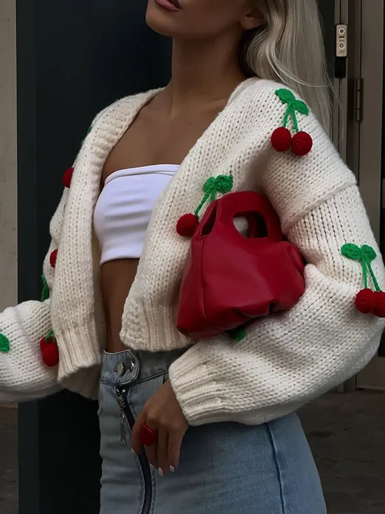 Cherry Decorated V-neck Cardigan Sweater