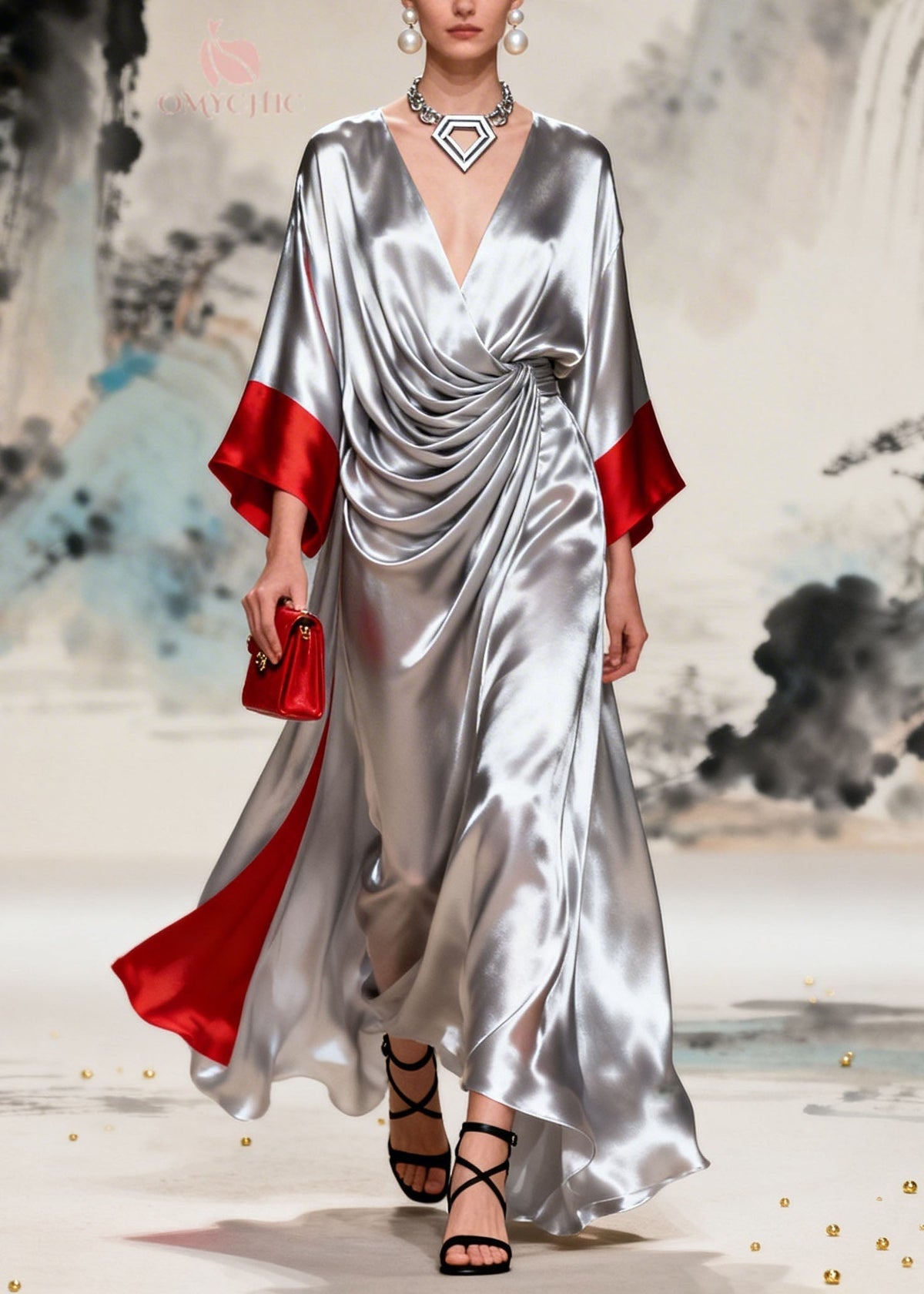 Satin Deep V-Neck Kimono Sleeve Twist Knot High Low Maxi Gown