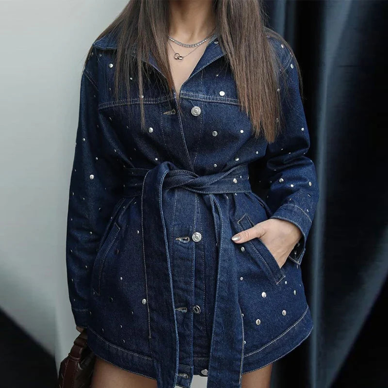 Denim Jacket Belted Trousers Office Two Piece Set