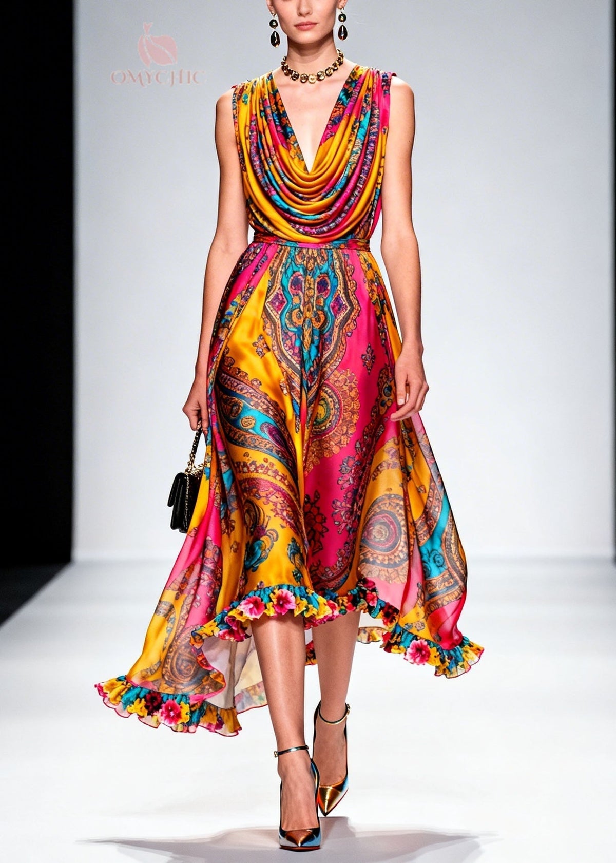 Fashion Draped Neckline Ruffled Print Chiffon Dresses Summer