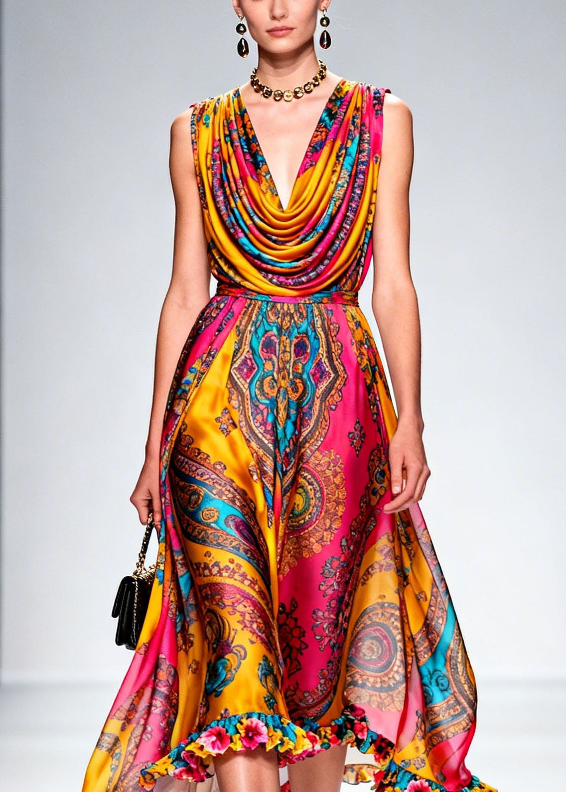 Fashion Draped Neckline Ruffled Print Chiffon Dresses Summer - View 2