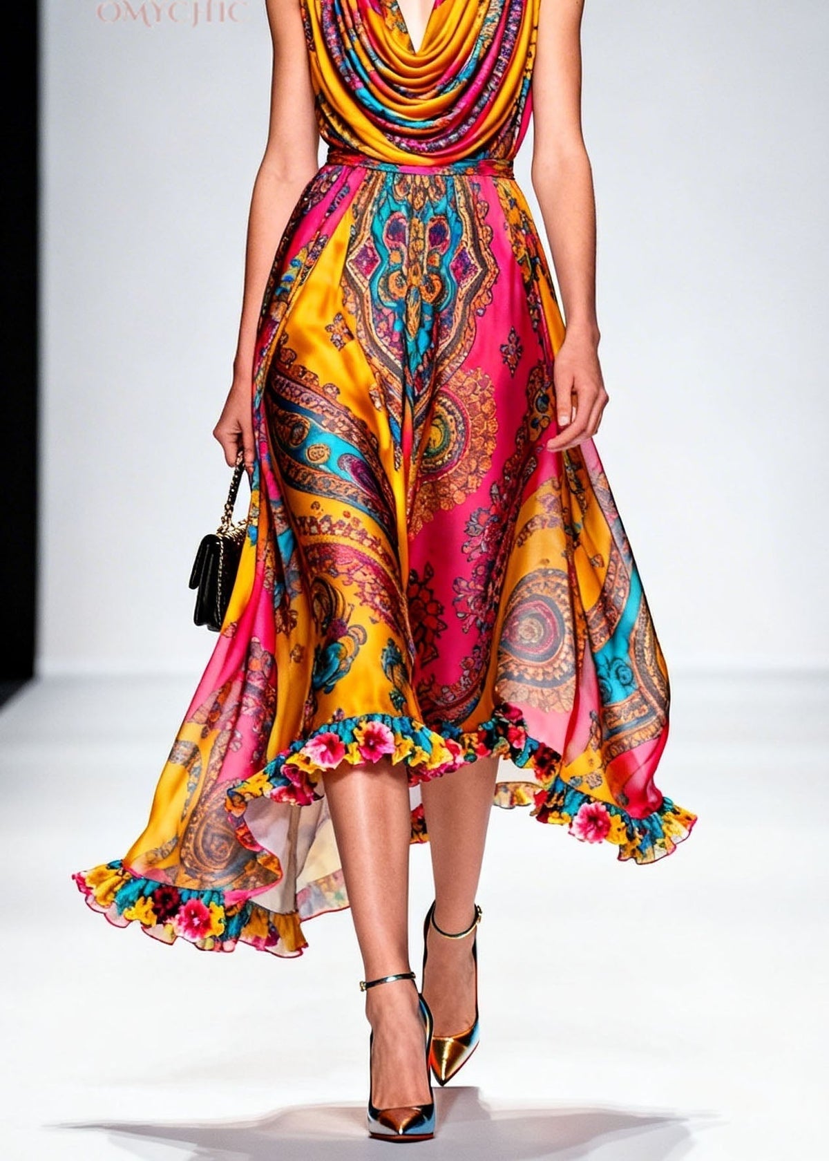 Fashion Draped Neckline Ruffled Print Chiffon Dresses Summer - View 4