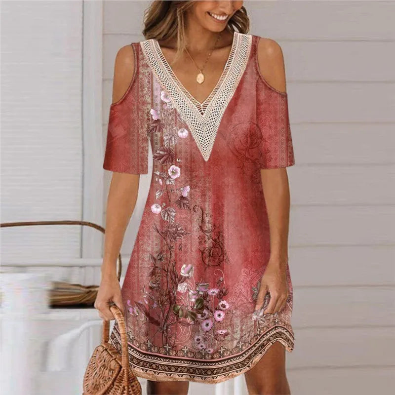 Sexy Off Shoulder Lace Splicing Party Floral A-line Dress