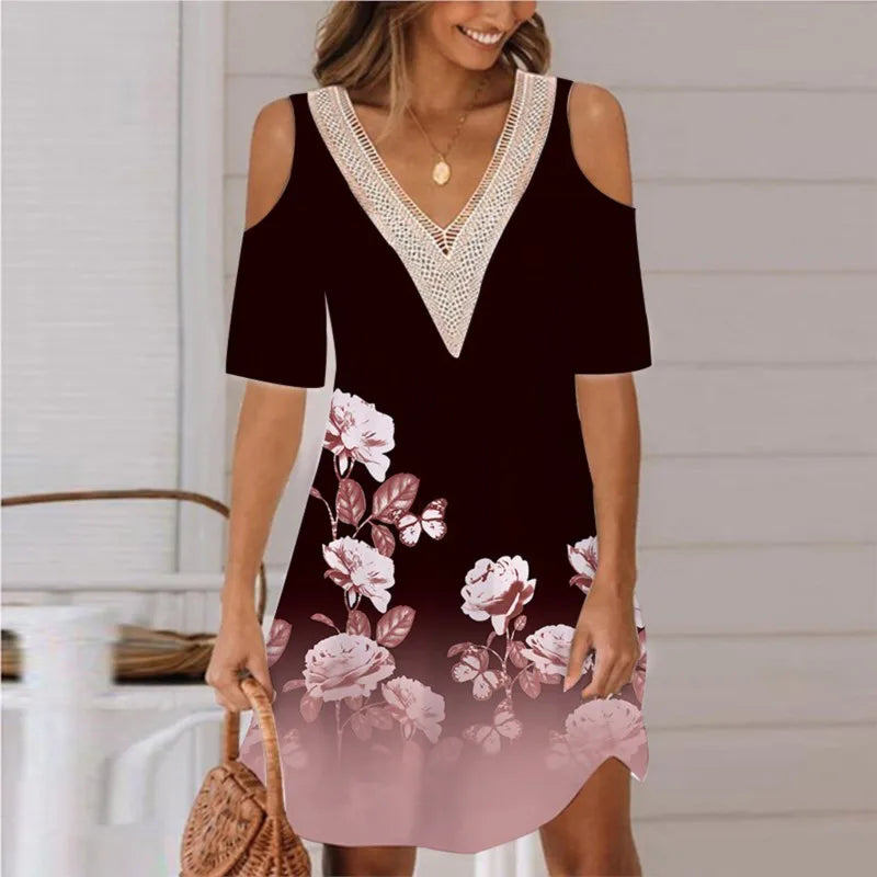 Sexy Off Shoulder Lace Splicing Party Floral A-line Dress