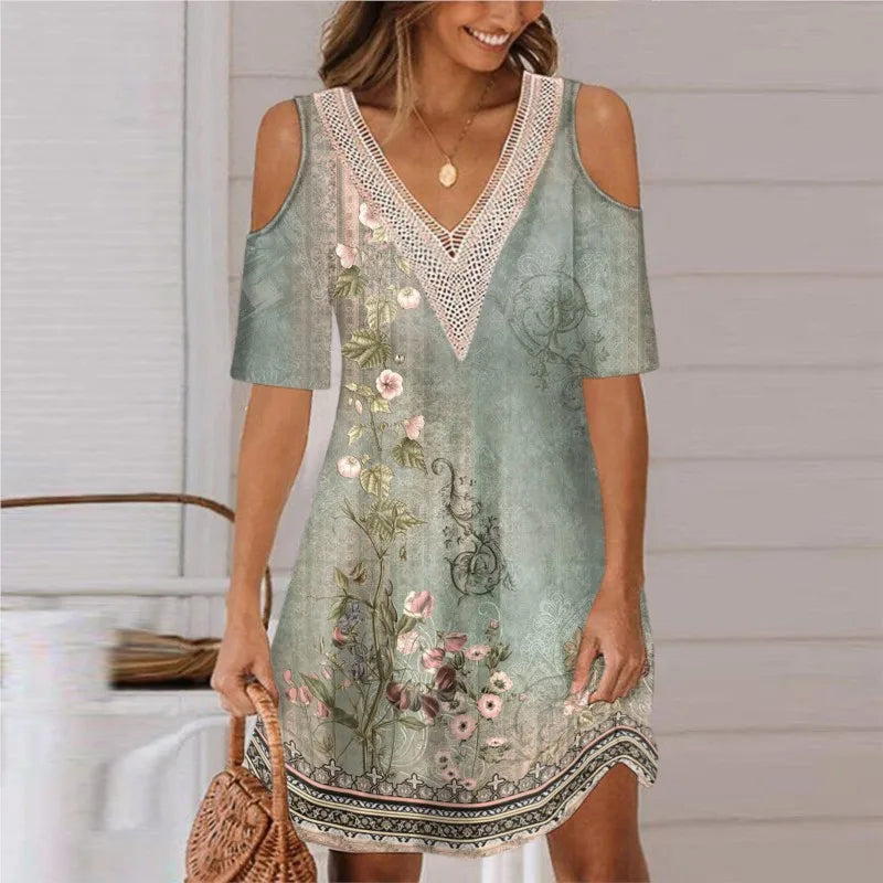 Sexy Off Shoulder Lace Splicing Party Floral A-line Dress