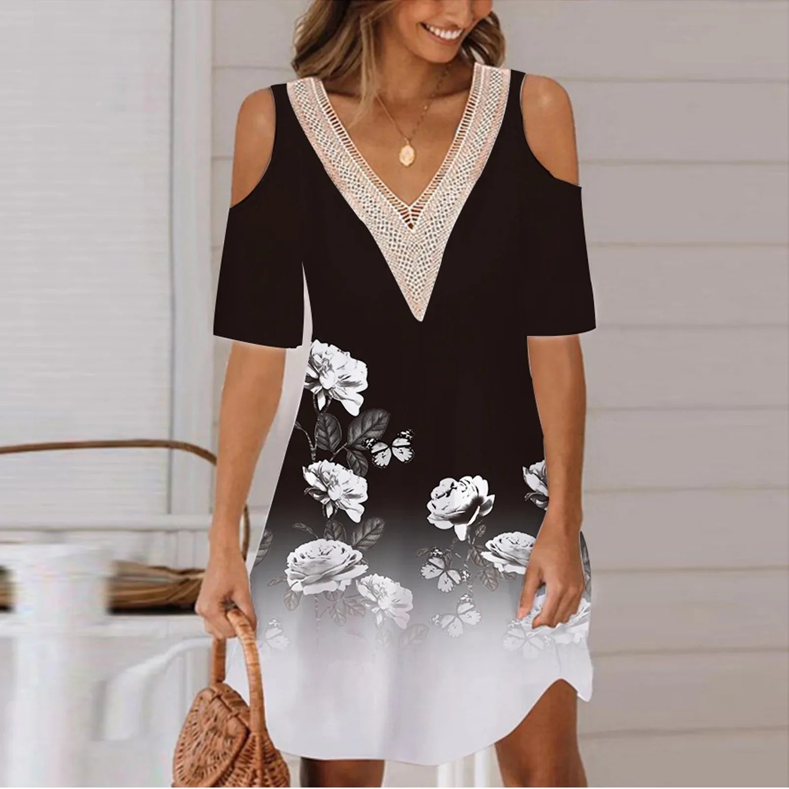 Sexy Off Shoulder Lace Splicing Party Floral A-line Dress