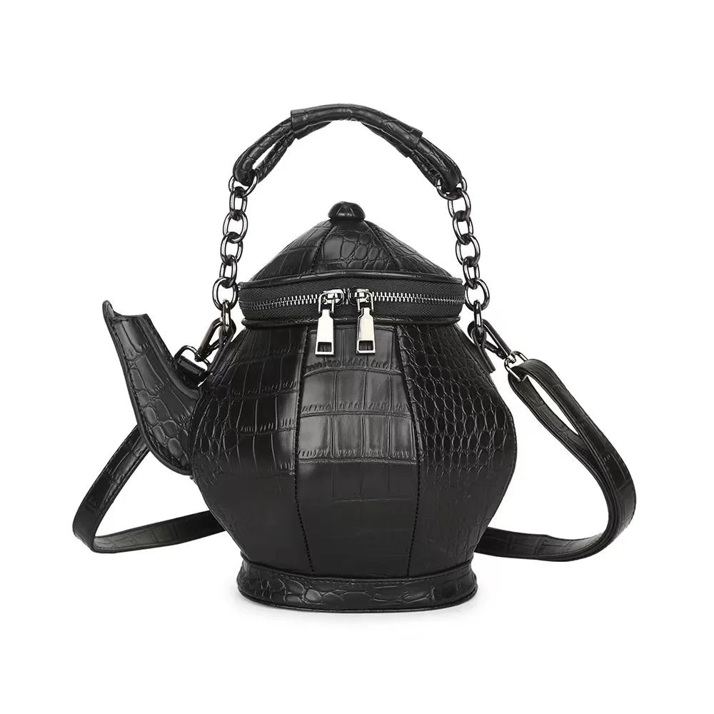 Fashion Funny Teapot Shaped Stone Pattern Leather Gothic Personalized Bag Black Halloween