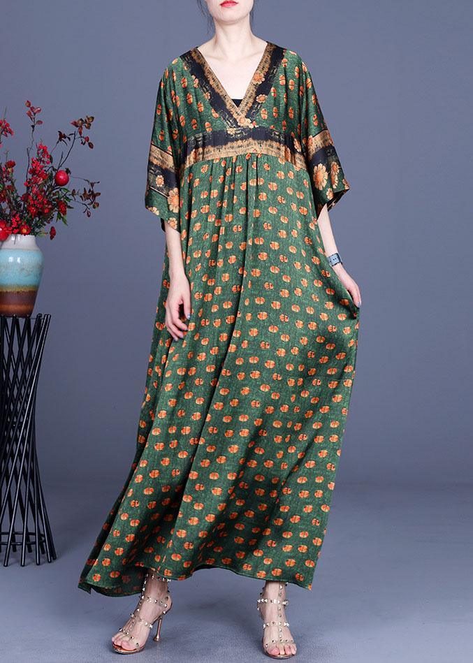 Polka Dot Print Deep V-Neck Empire Waist Border Trim Maxi Dress