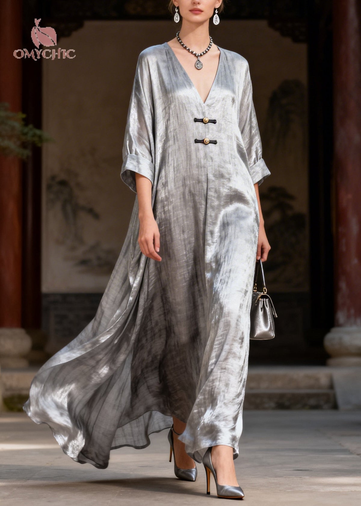 Shimmer Deep V-Neck Toggle Frog Closure Oversized Kaftan Maxi Dress - View 3