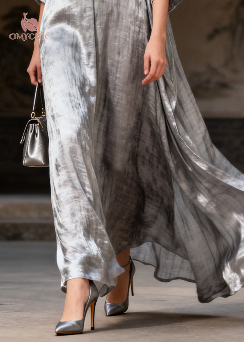 Shimmer Deep V-Neck Toggle Frog Closure Oversized Kaftan Maxi Dress - View 4