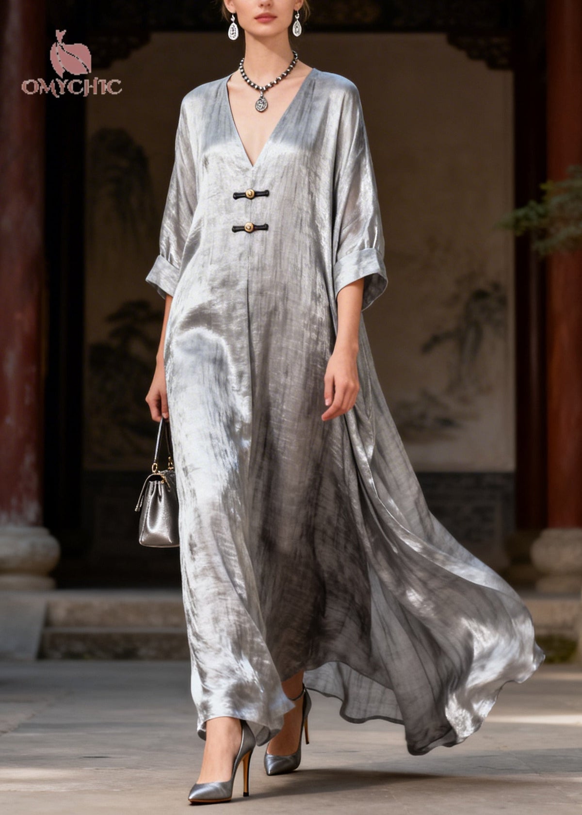 Shimmer Deep V-Neck Toggle Frog Closure Oversized Kaftan Maxi Dress - View 5