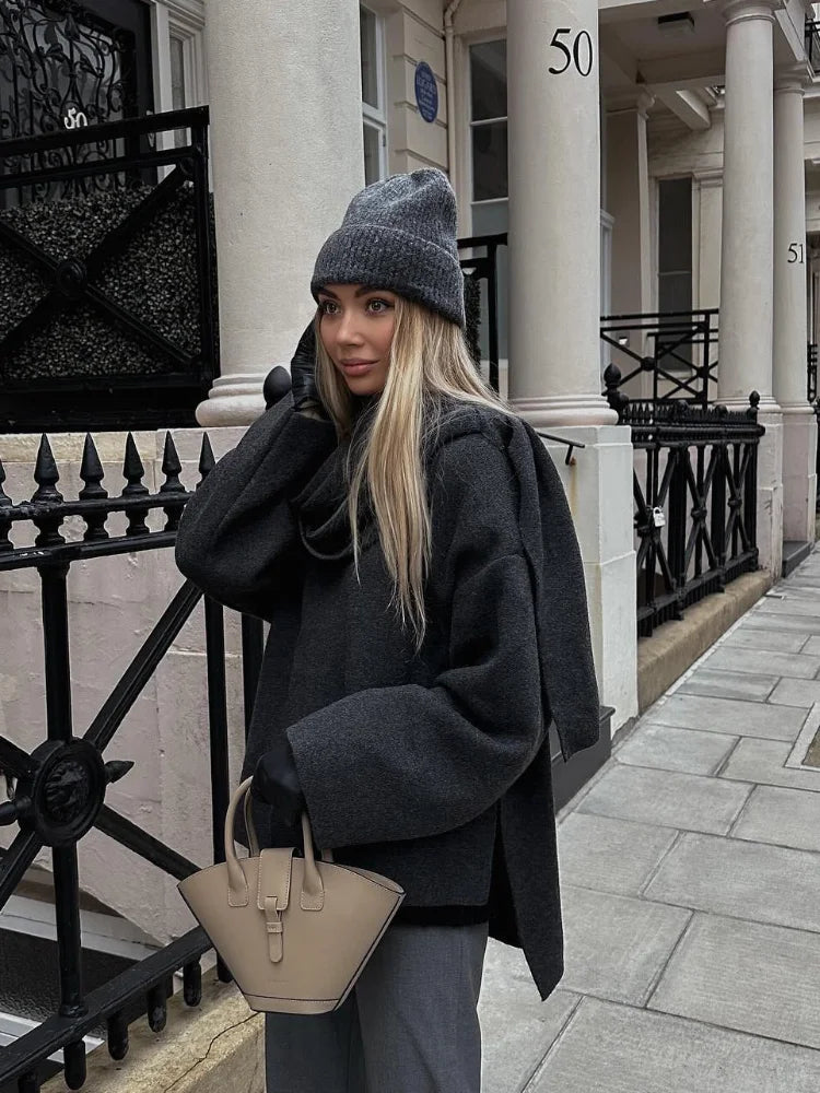 Grey Scarf Collar Woolen Coat