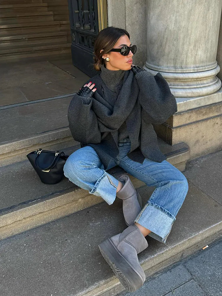 Grey Scarf Collar Woolen Coat