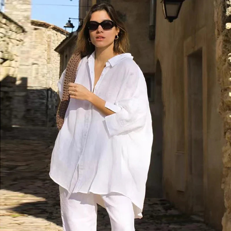 Casual Loose White Button-up Half Sleeve Blouse