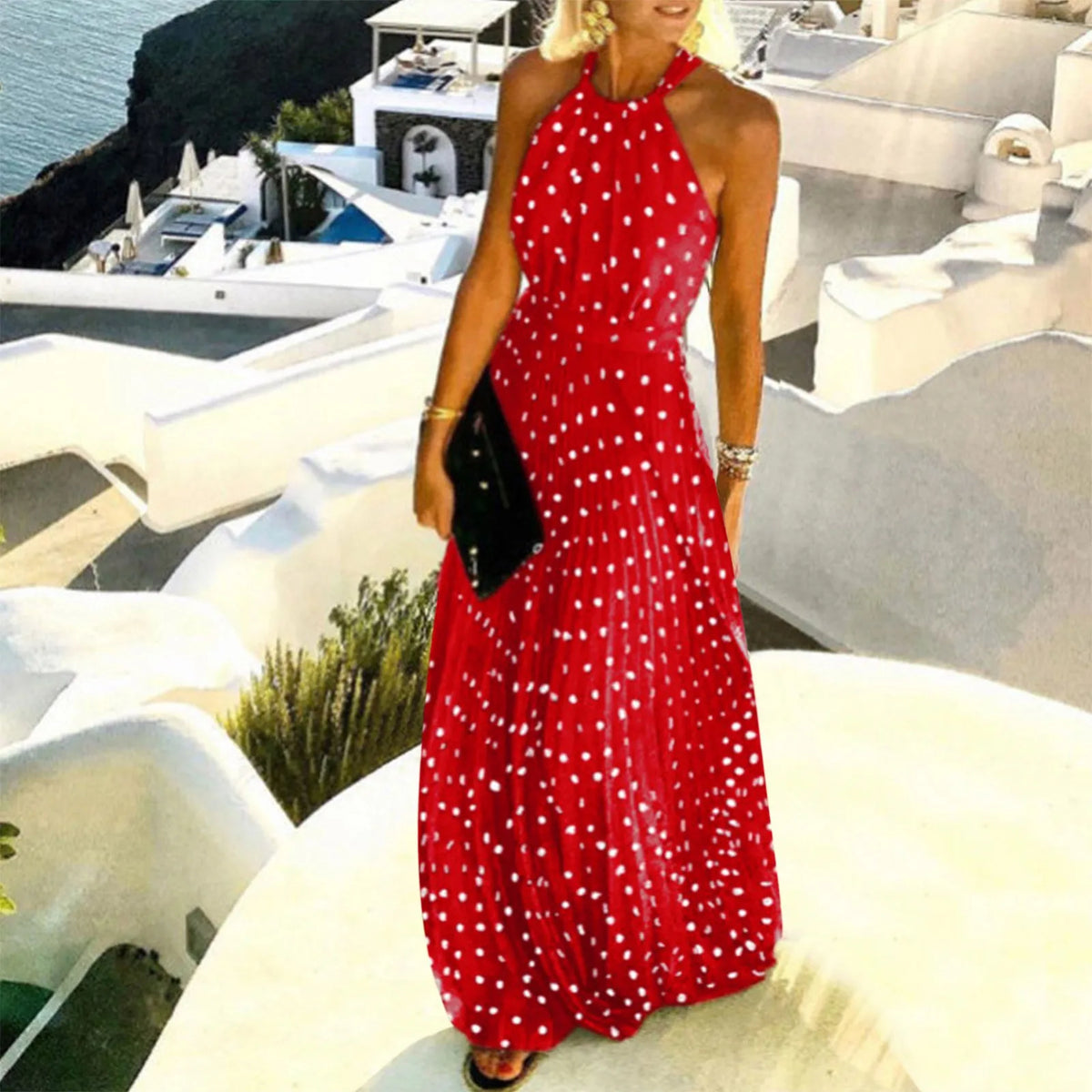 Polka Dot Halter Sleeveless Pleated Backless Maxi Dress