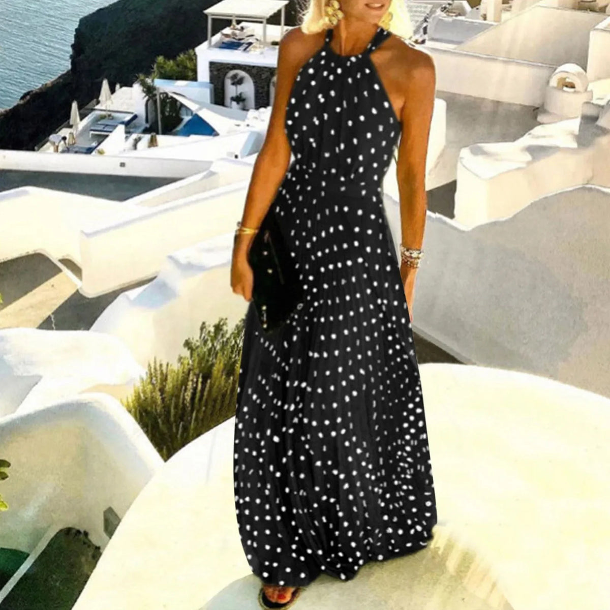 Polka Dot Halter Sleeveless Pleated Backless Maxi Dress 7