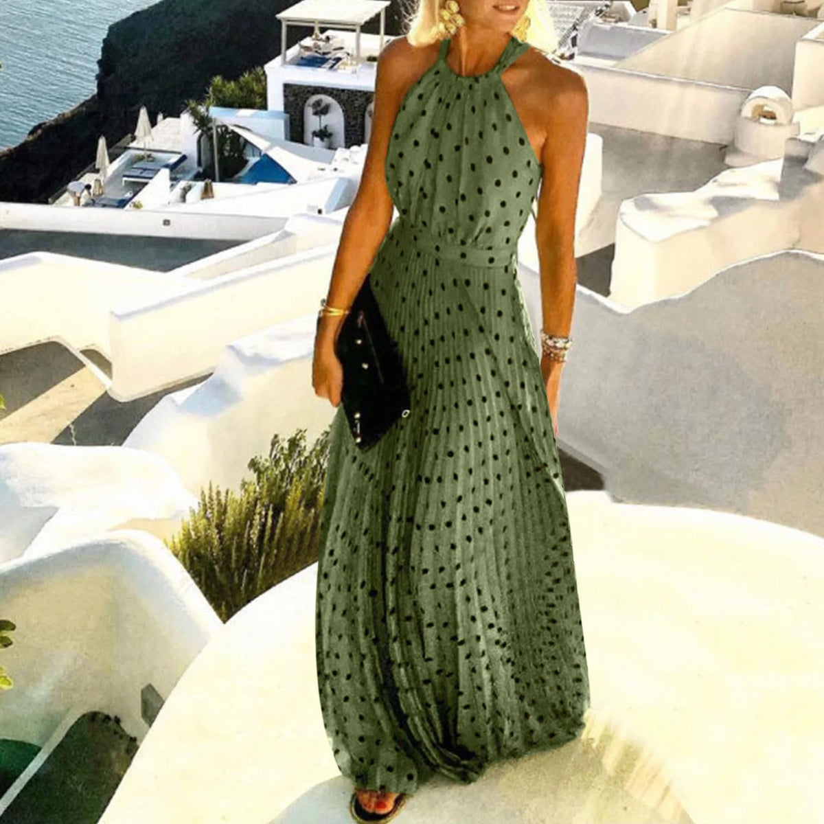 Polka Dot Halter Sleeveless Pleated Backless Maxi Dress 9