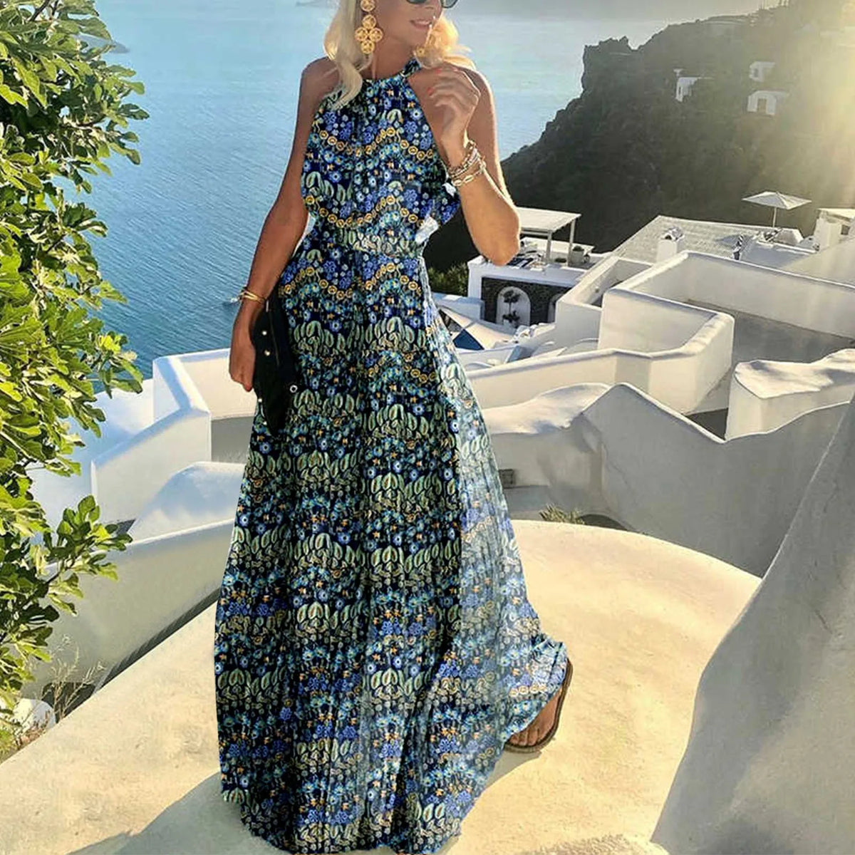 Polka Dot Halter Sleeveless Pleated Backless Maxi Dress 5
