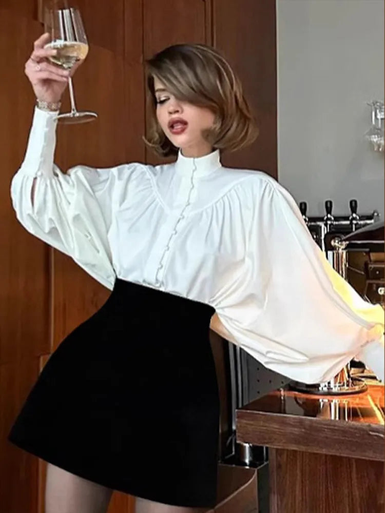 High Neck Fold Bubble Sleeve White Blouse