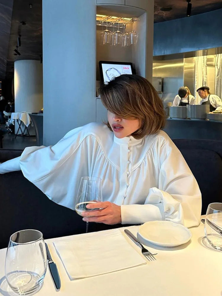 High Neck Fold Bubble Sleeve White Blouse