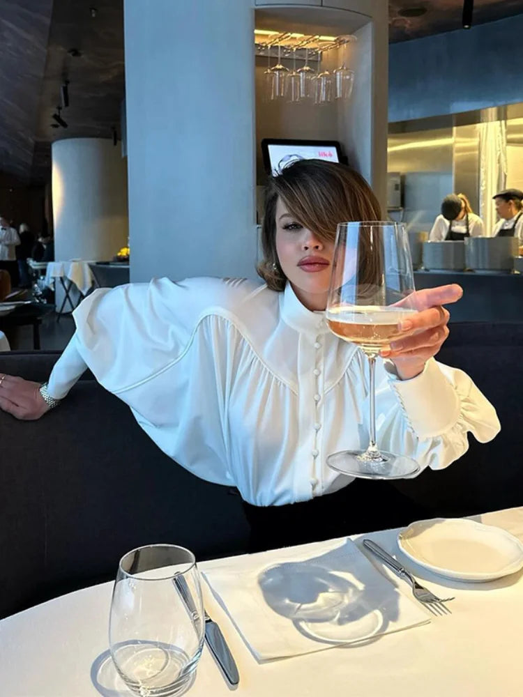 High Neck Fold Bubble Sleeve White Blouse