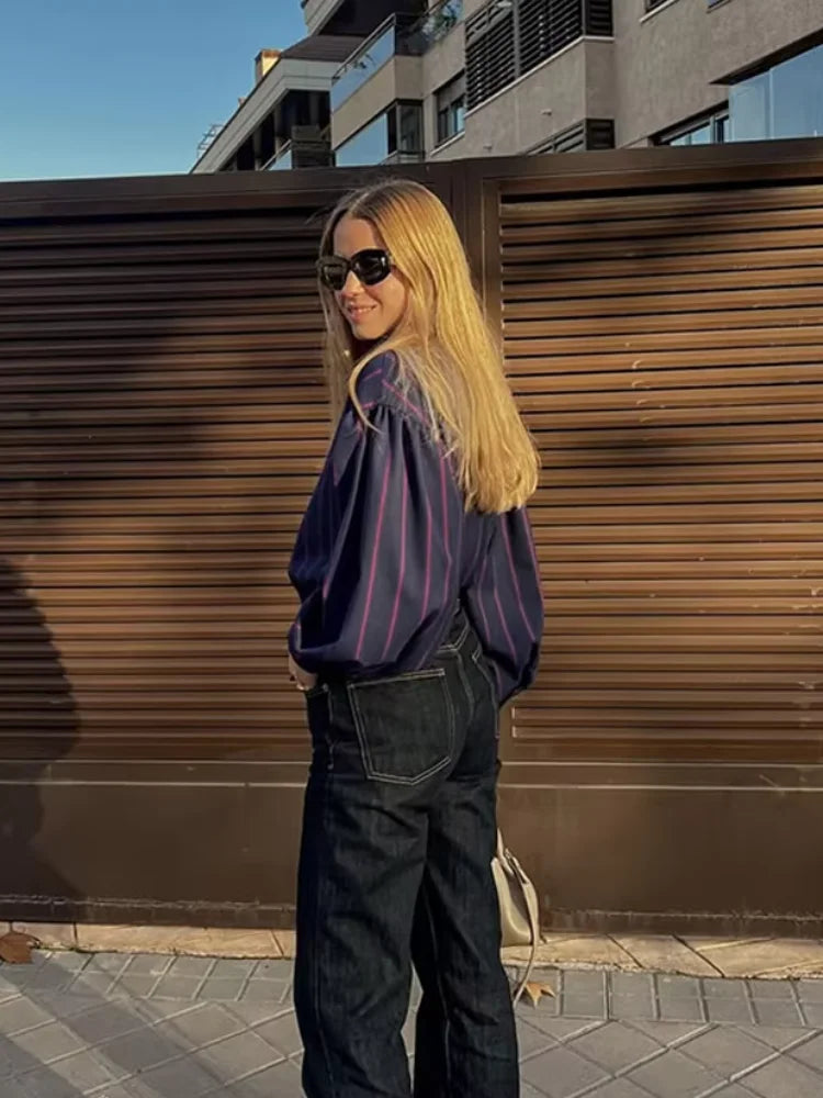 Lace Up Collision Striped Round Neck Blouse