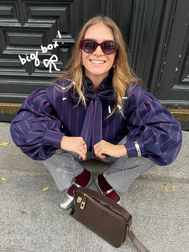 Lace Up Collision Striped Round Neck Blouse