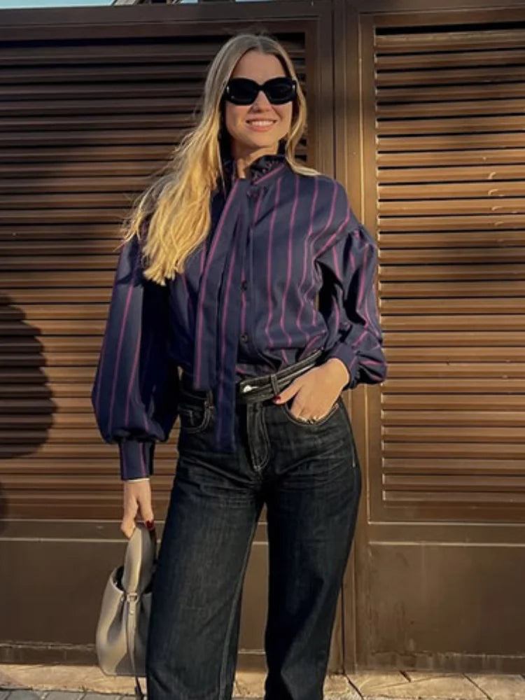 Lace Up Collision Striped Round Neck Blouse