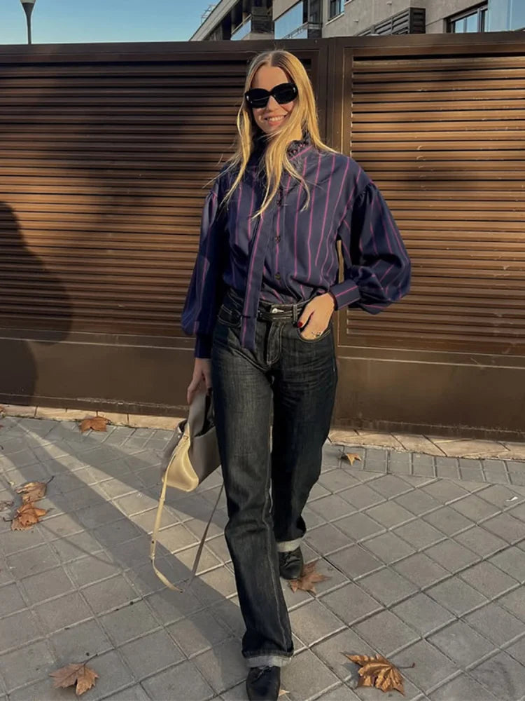 Lace Up Collision Striped Round Neck Blouse