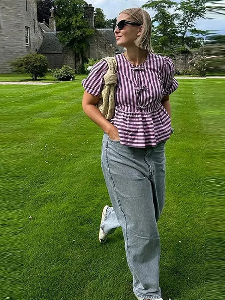 Lace Up Striped O-neck Loose Short Sleeve Blouse