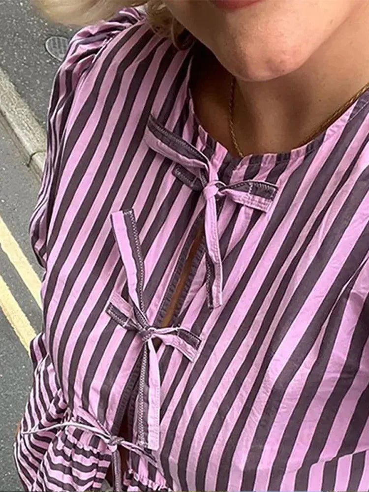 Lace Up Striped O-neck Loose Short Sleeve Blouse