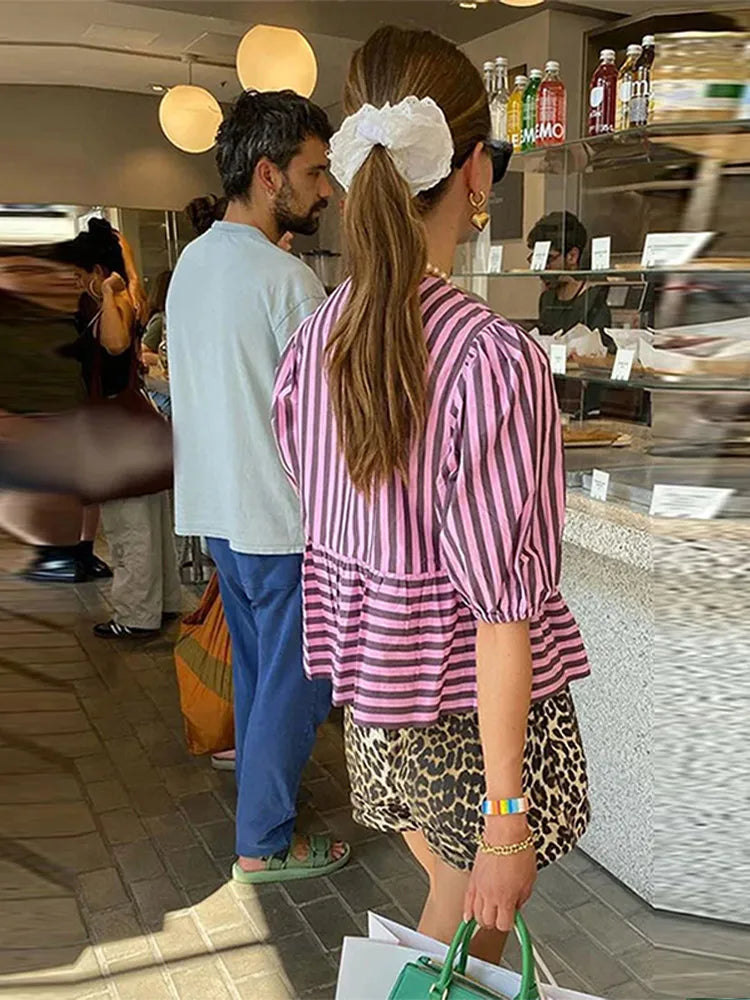 Lace Up Striped O-neck Loose Short Sleeve Blouse