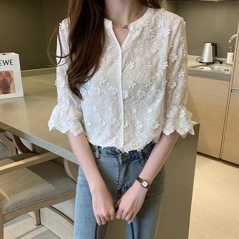 Embroidered White Cotton Floral Korean Style Blouse